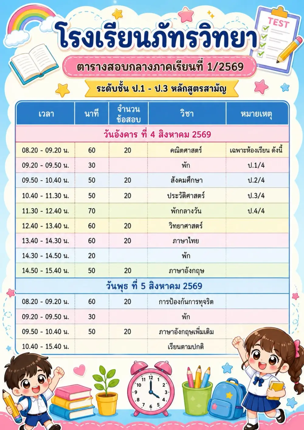 แจ้งกำหนดการทดสอบกลางภาคเรียนที่  1/2569 📝✨