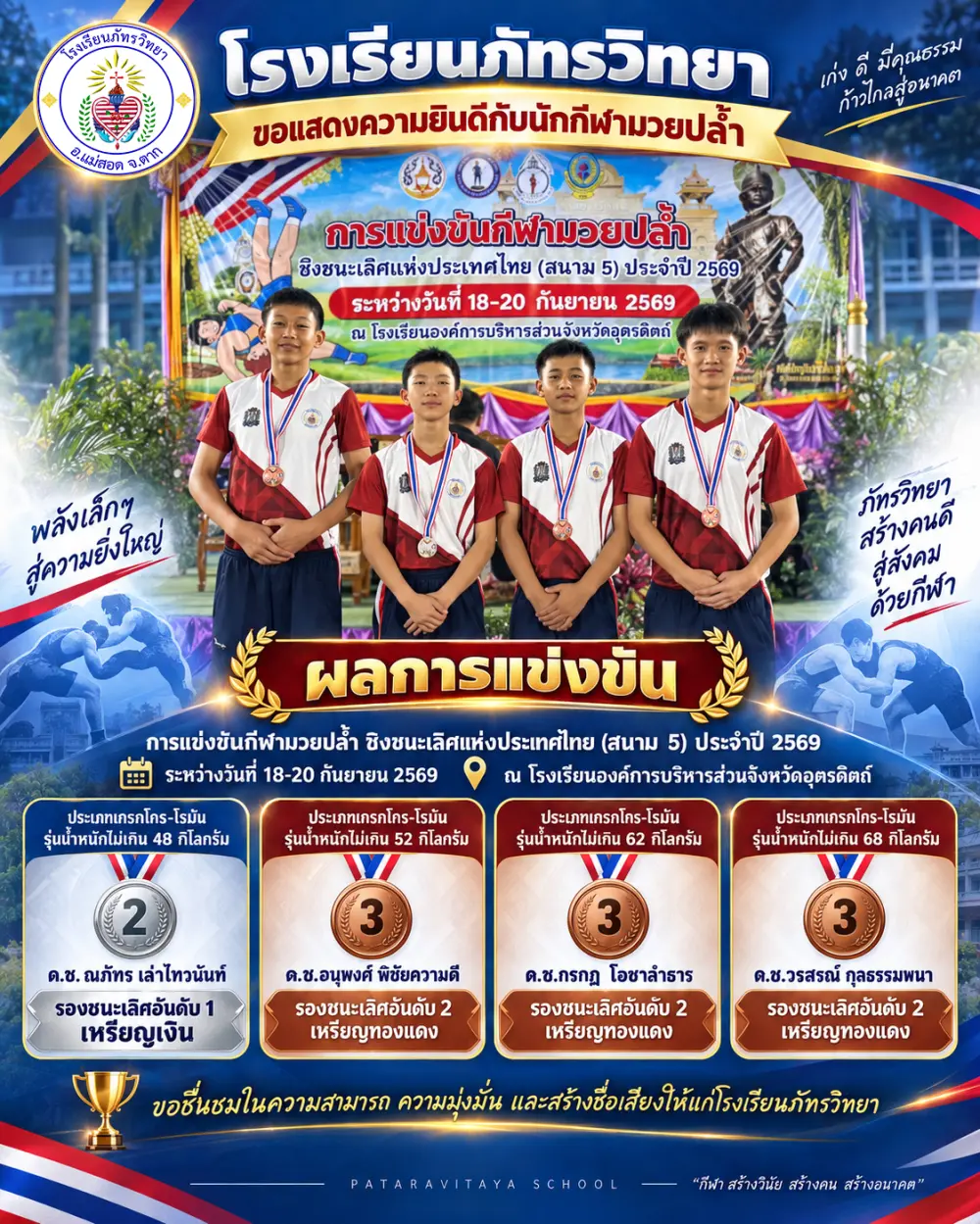 🥇🥈🥉 โรงเรียนภัทรวิทยา ขอแสดงความยินดีกับนักกีฬามวยปล้ำ 🏆🤼‍♂️