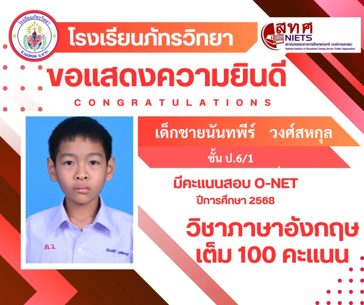 โรงเรียนภัทรวิทยา ขอแสดงความชื่นชมและยินดีกับนักเรียนคนเก่ง ในระดับชั้นประถมศึกษาปีที่ 6, มัธยมศึกษาปีที่ 3 และมัธยมศึกษาปีที่ 6 ที่ทำคะแนนสอบยอดเยี่ยม การทดสอบทางการศึกษาระดับชาติขั้นพื้นฐาน หรือ O-NET ประจำปีการศึกษา 2568